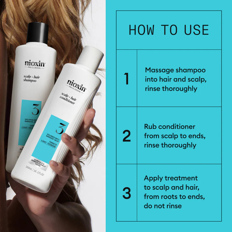 Nioxin shampoo and conditioner bottles held by a person with usage instructions on a blue background