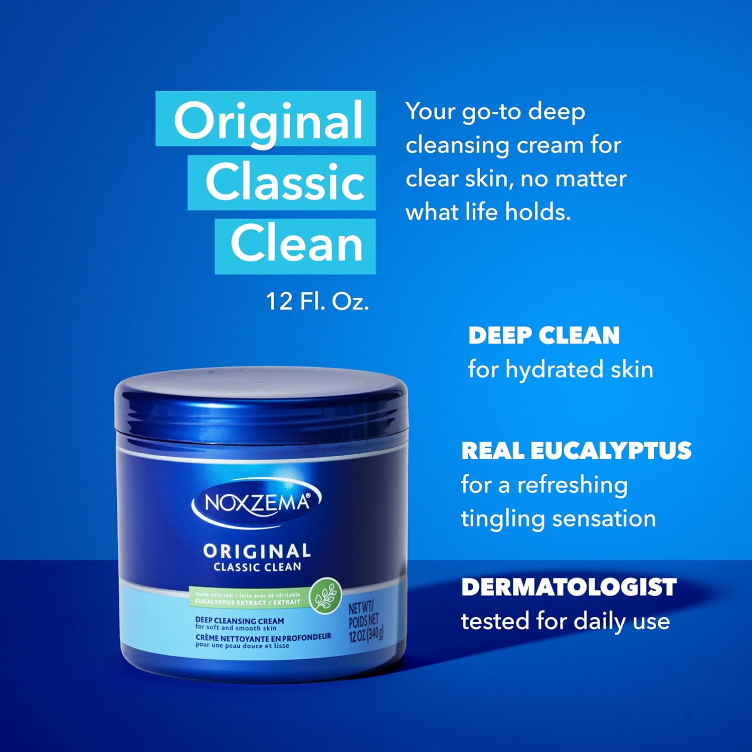 Noxzema Original Classic Clean deep cleansing cream jar with product features on a blue background