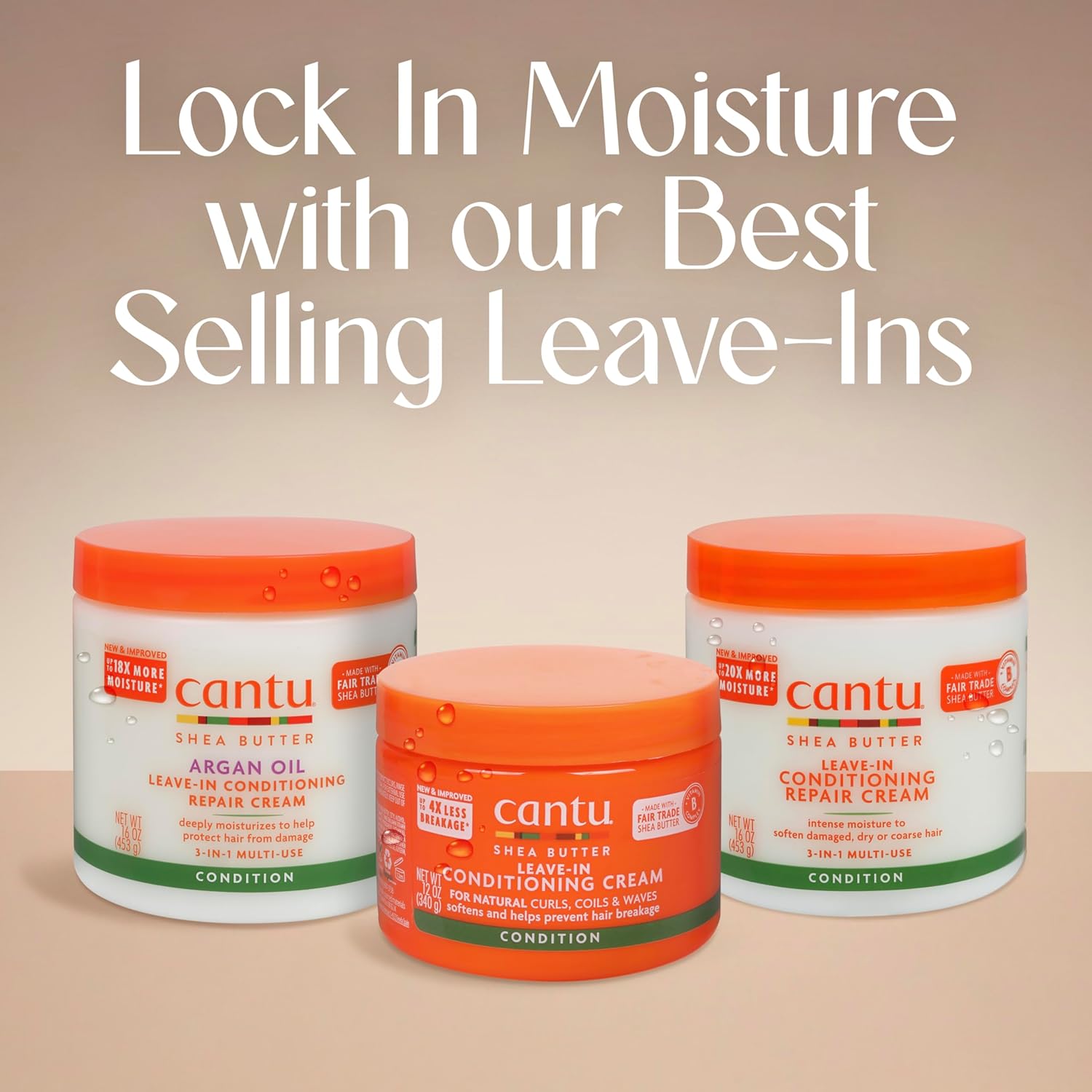 Cantu leave-in repair cream jars with text on a beige background