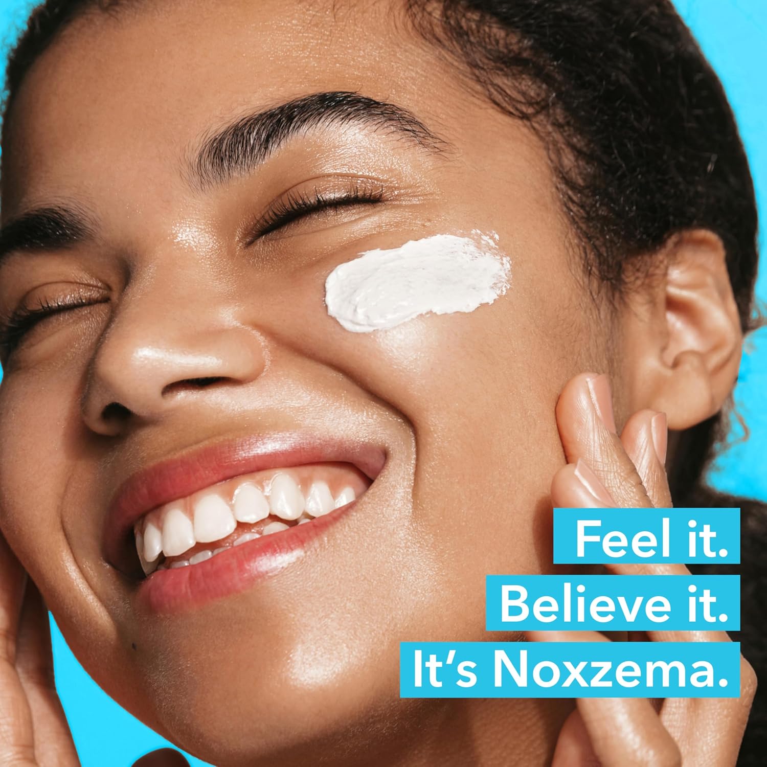 Woman applying Noxzema to her face with a blue background and promotional text.