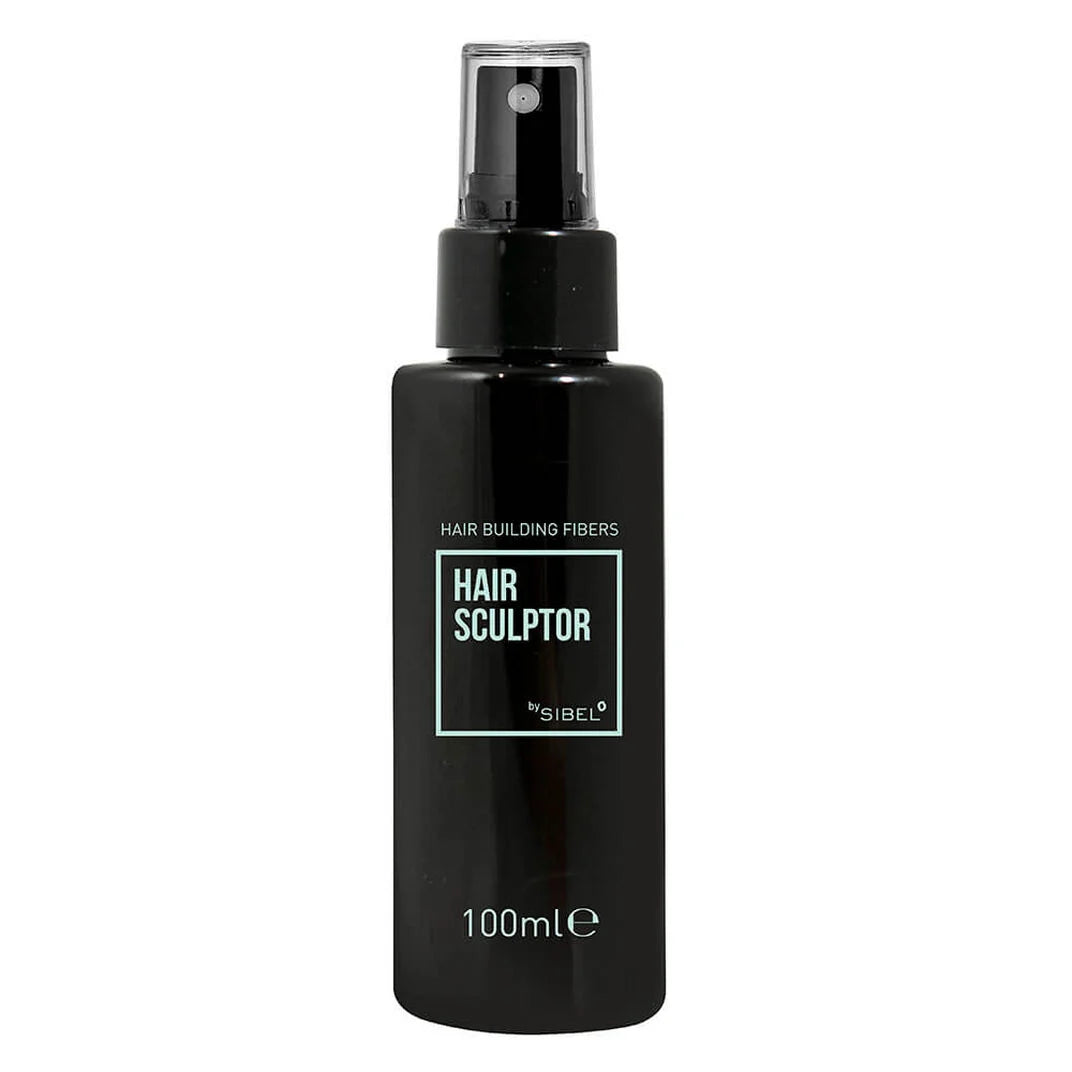 A 100ml black spray bottle of Sibel Hair Sculptor Hair Building Fibers against a plain white background.