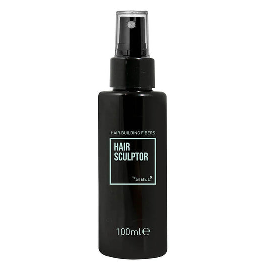 A 100ml black spray bottle of Sibel Hair Sculptor Hair Building Fibers against a plain white background.