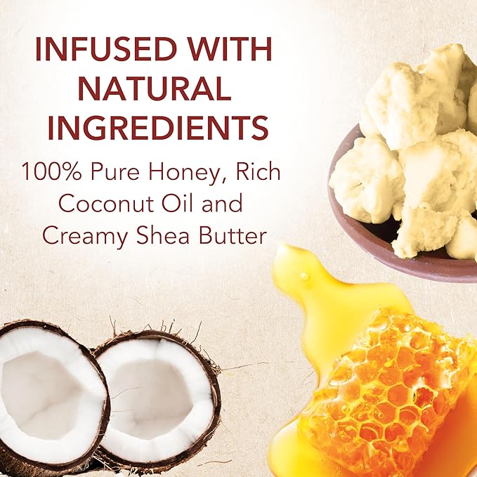 Honeycomb, coconut halves, and shea butter with text about natural ingredients on a beige background