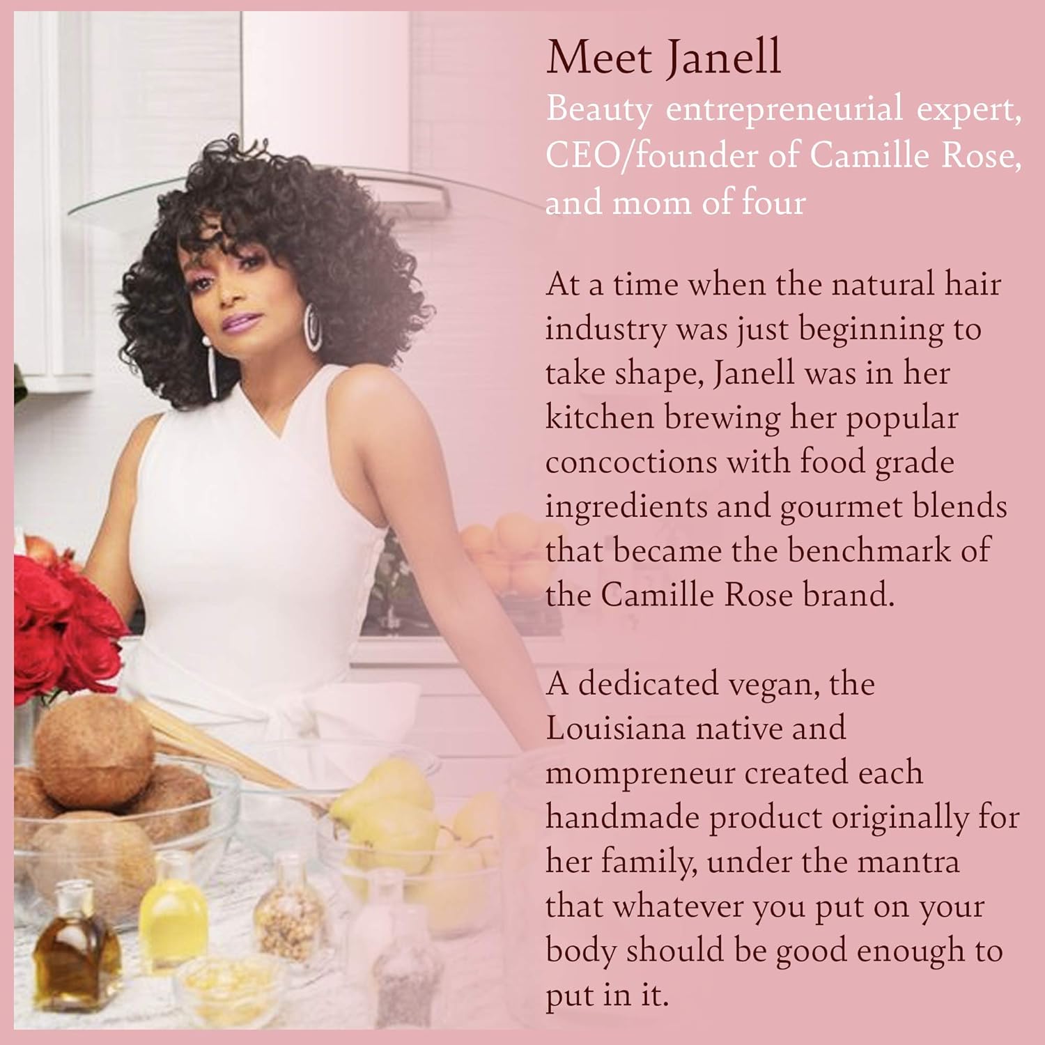 Woman in a kitchen with ingredients and text about Janell, a beauty entrepreneur.