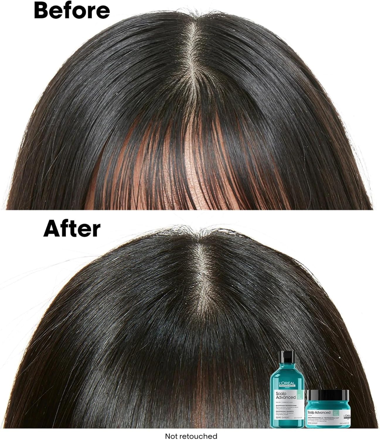 Before and after comparison of hair treatment with a bottle and jar of product.