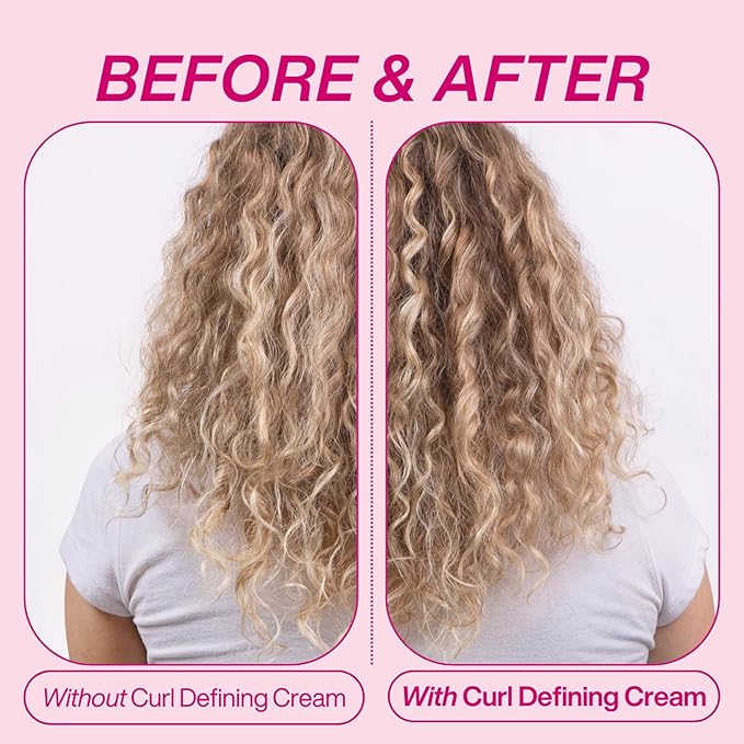 Before and after comparison of hair with and without curl defining cream on a pink background.