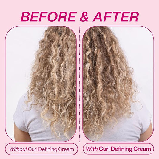Before and after comparison of hair with and without curl defining cream on a pink background.