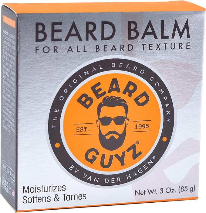 Beard Balm by Beard Guyz in a 3 oz box, featuring a metallic silver and orange design with a central circular logo.