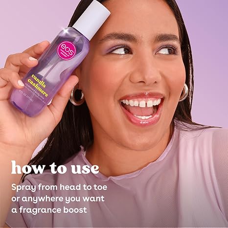 Woman holding a purple bottle of 'So Fresh' vanilla cashmere spray with text on a light purple background.