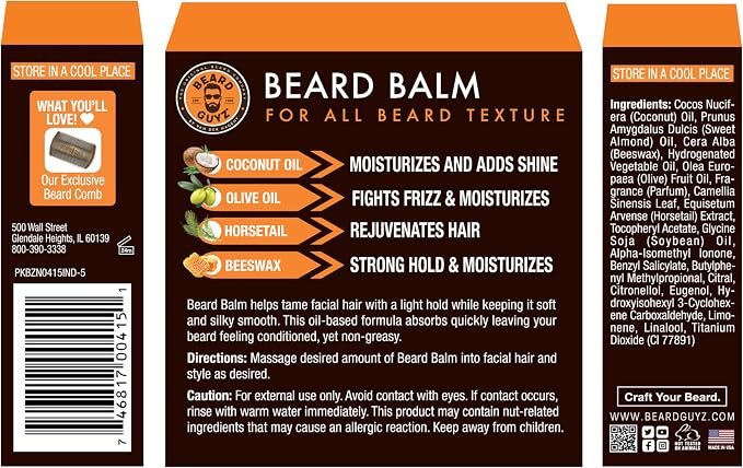Front and back packaging of a beard balm product with orange top panels, a dark brown center label, white text, ingredient lists, directions, and a barcode on a white background.
