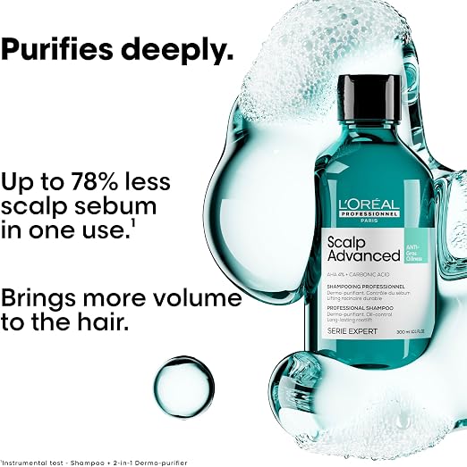 L'Oréal Professionnel Paris Scalp Advanced shampoo bottle shown with large translucent water droplets and foam on a white background, accompanied by promotional text about purifying deeply and reducing scalp sebum.
