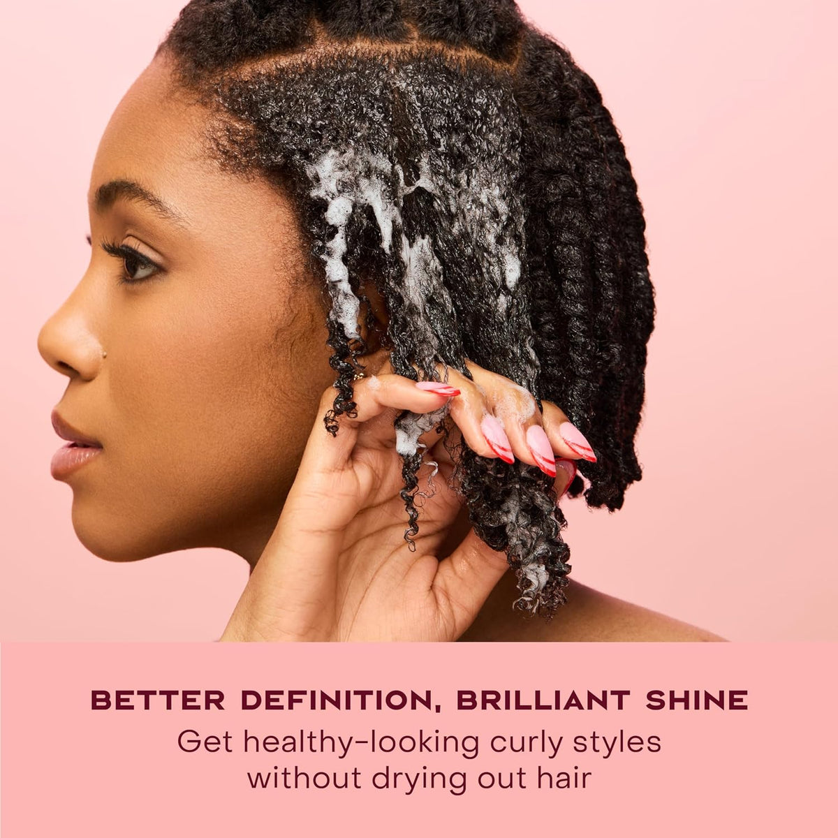 Woman with styled hair on a pink background with text about hair care.