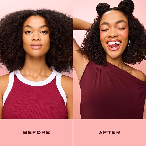 Before and after comparison of a woman with styled hair on a pink background