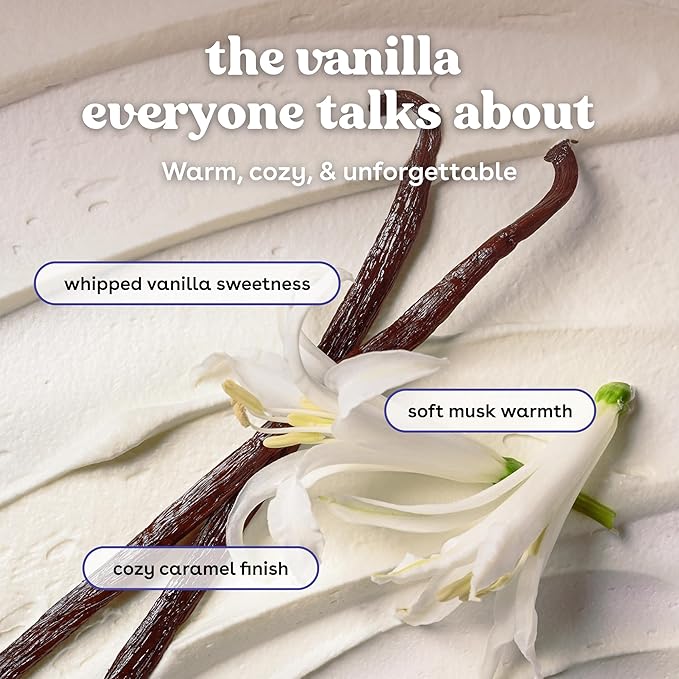 Vanilla beans and flower with descriptive text on a light background