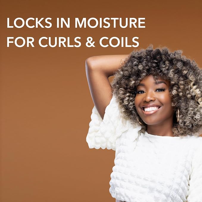 Woman with styled hair against a brown background with text about hair care.