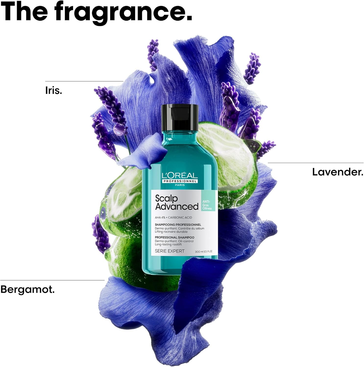 L'Oréal Paris Scalp Advanced shampoo bottle centered over a stylized fragrance composition with blue iris flowers, purple lavender sprigs, and cucumber slices. Text labels identify the ingredients: Iris, Lavender, and Bergamot.