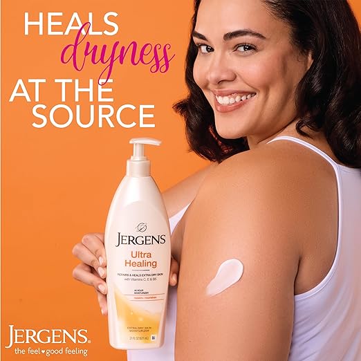 Woman holding Jergens Ultra Healing lotion with text on an orange background