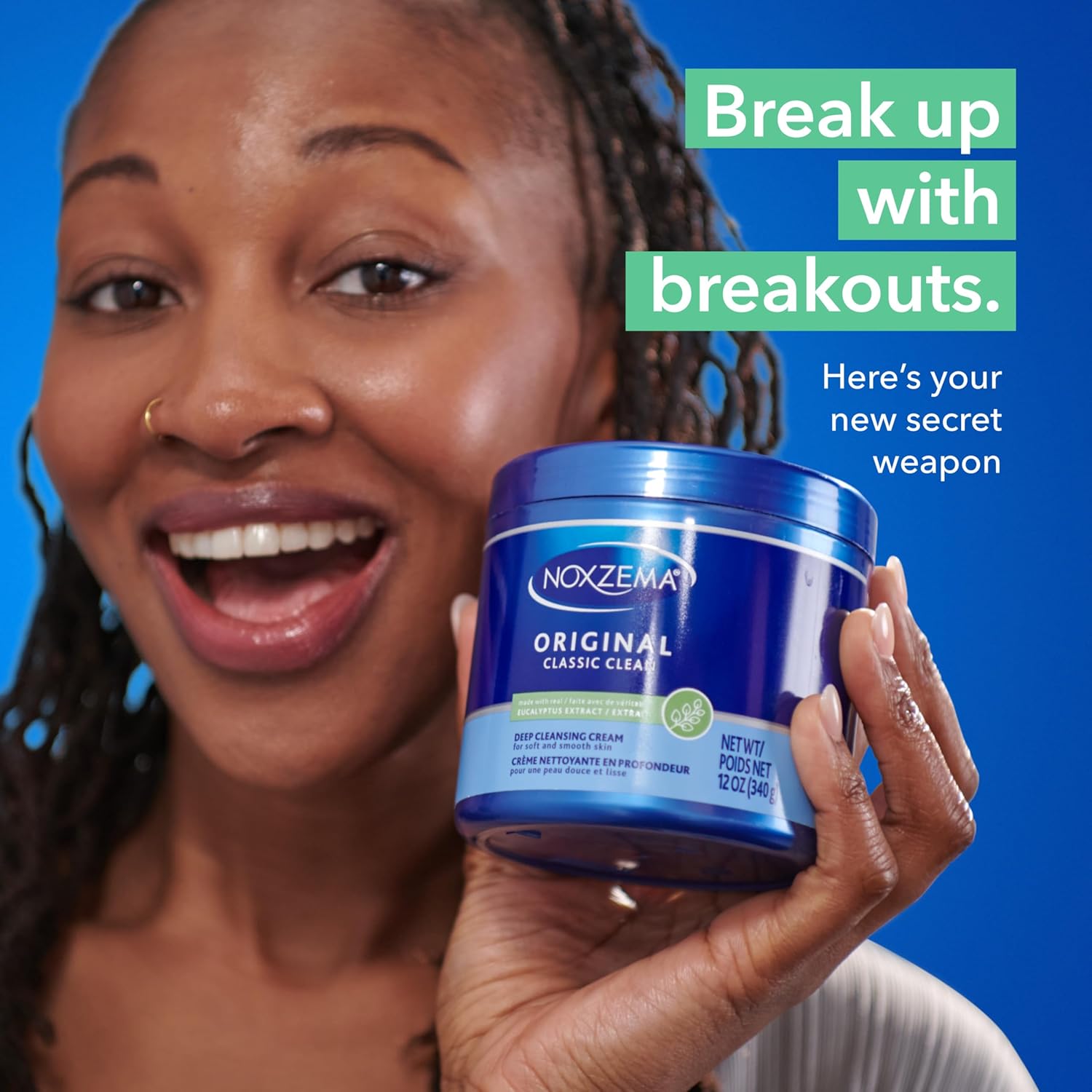 Woman holding a Noxzema product with promotional text on a blue background