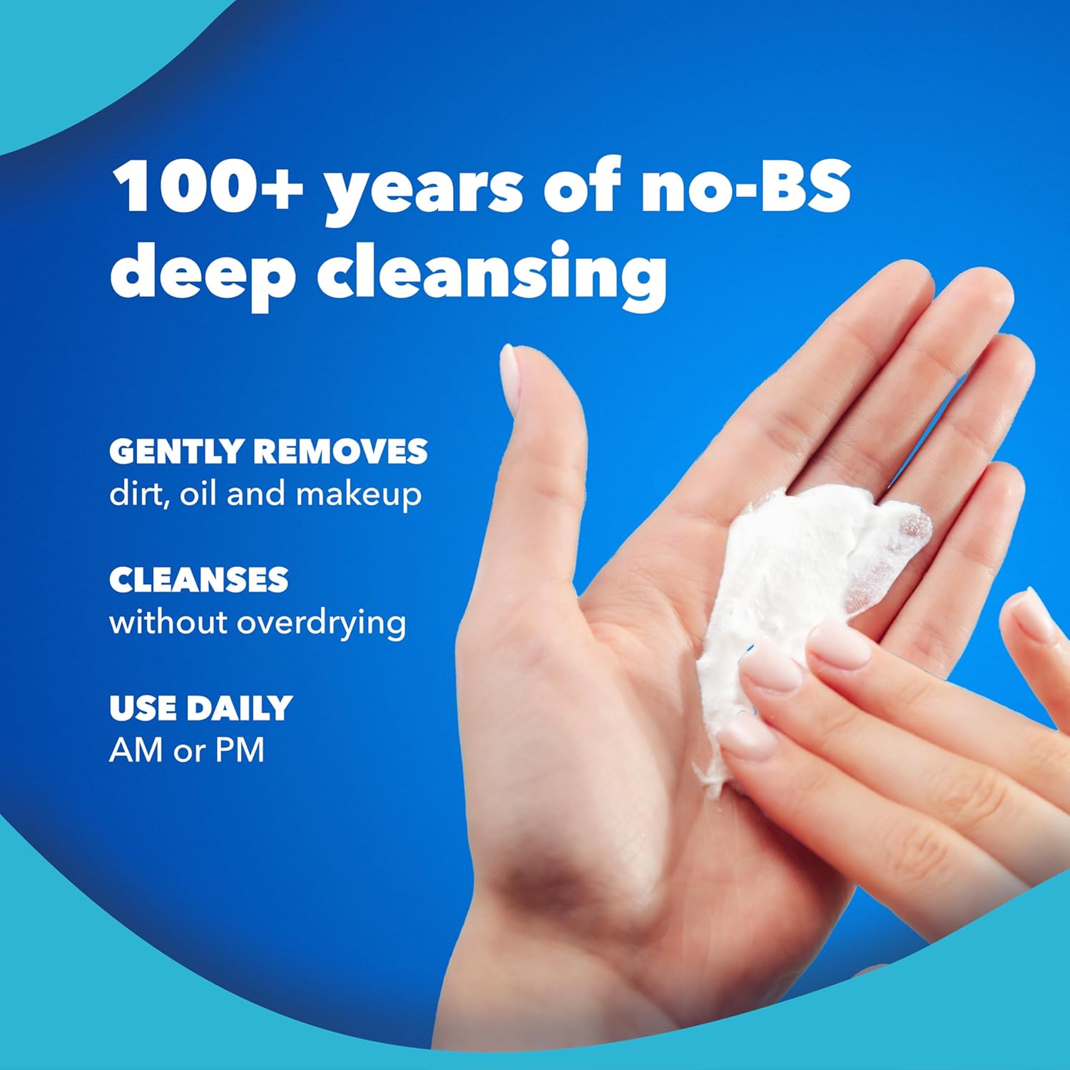Hands holding a cleansing pad with text about deep cleansing on a blue background