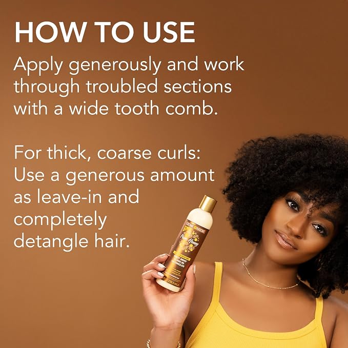 A woman with curly hair holds a bottle of hair product while text on a brown background explains how to use it for thick, coarse curls.