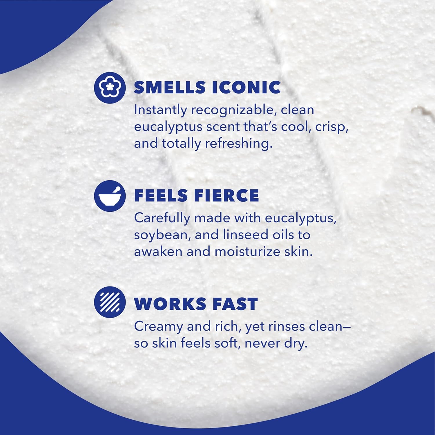 Product packaging with text describing its features on a white and blue background