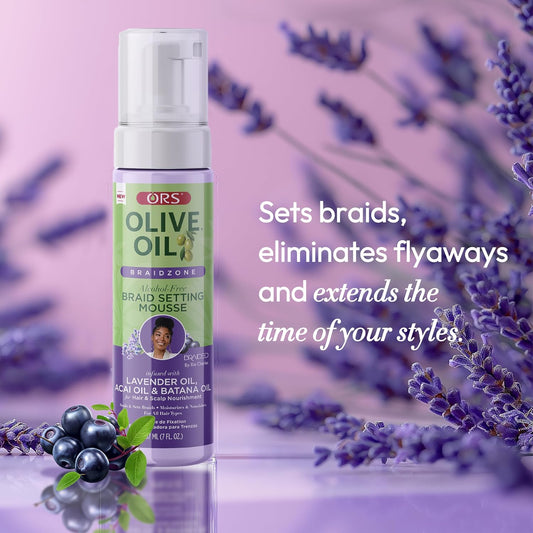 ORF Olive Oil Braid Setting Mousse bottle with lavender flowers on a purple background