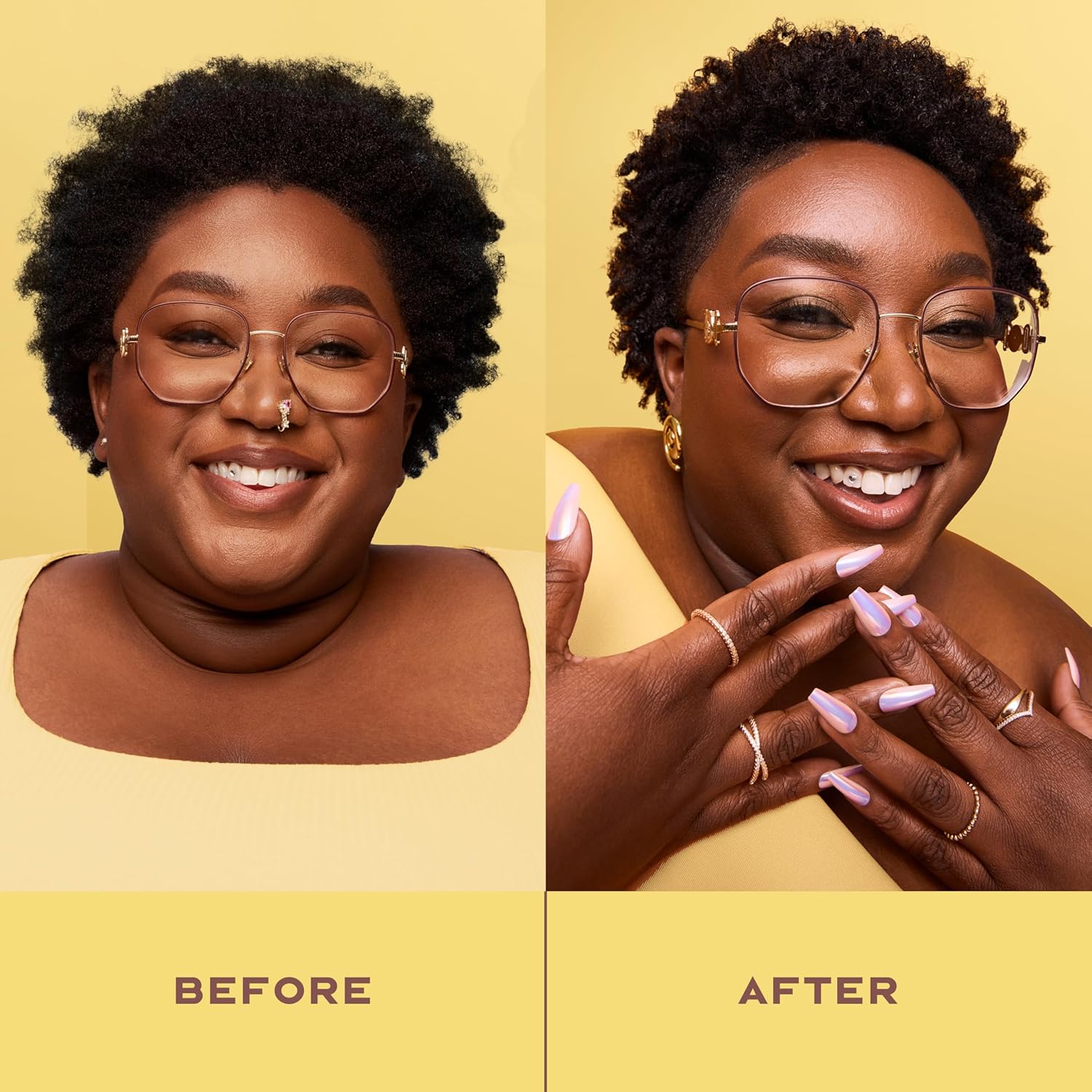 Before and after comparison of a woman with glasses on a yellow background
