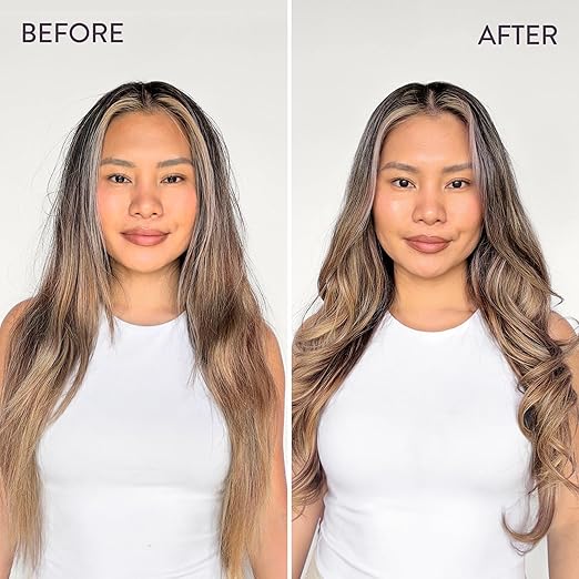 Before and after comparison of a woman's long, highlighted hair, showing a lighter, smoother, and more defined look in the 'after' photo. The woman is wearing a white sleeveless top against a plain light background.