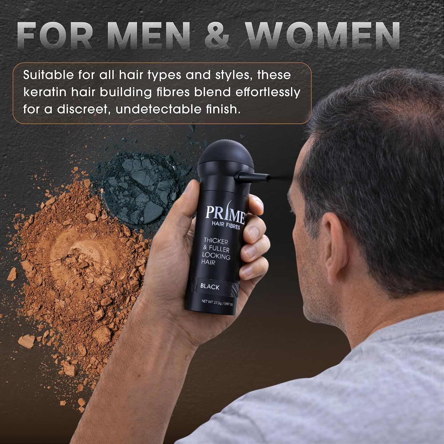 A man holds a black bottle of PRIME Hair Fibres Black Hair Building Fibres against a dark textured background with powder samples. Text on the image reads 'FOR MEN & WOMEN' and describes the keratin hair building fibres.