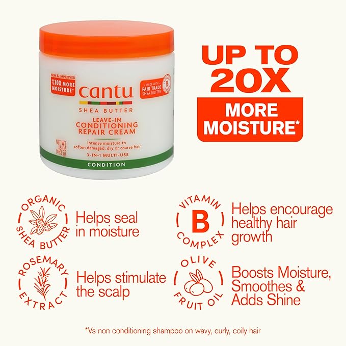 Cantu shea butter leave-in conditioning repair cream jar with product benefits on a white background