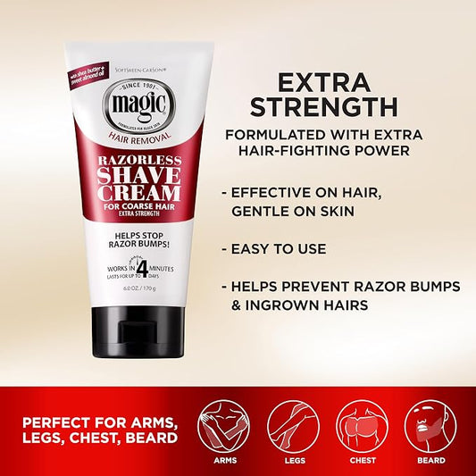 Tube of Magic razorless shave cream with product details on a beige and red background