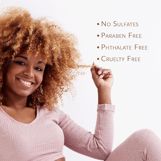 Woman with curly hair holding a strand, with product benefits listed on a white background