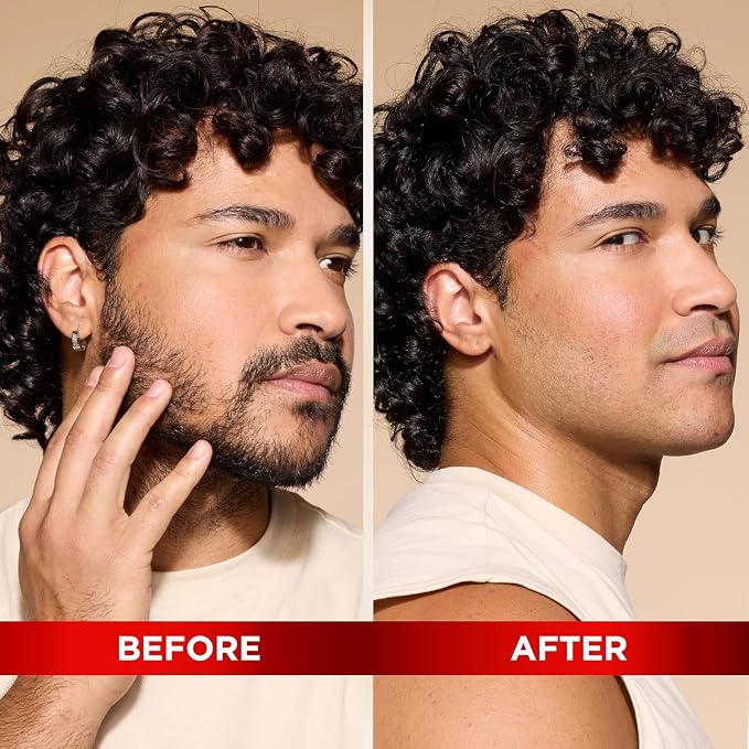 Before-and-after split comparison of a man's face and beard grooming, showing a lighter, smoother beard result on the right side, with a red banner at the bottom reading BEFORE and AFTER.