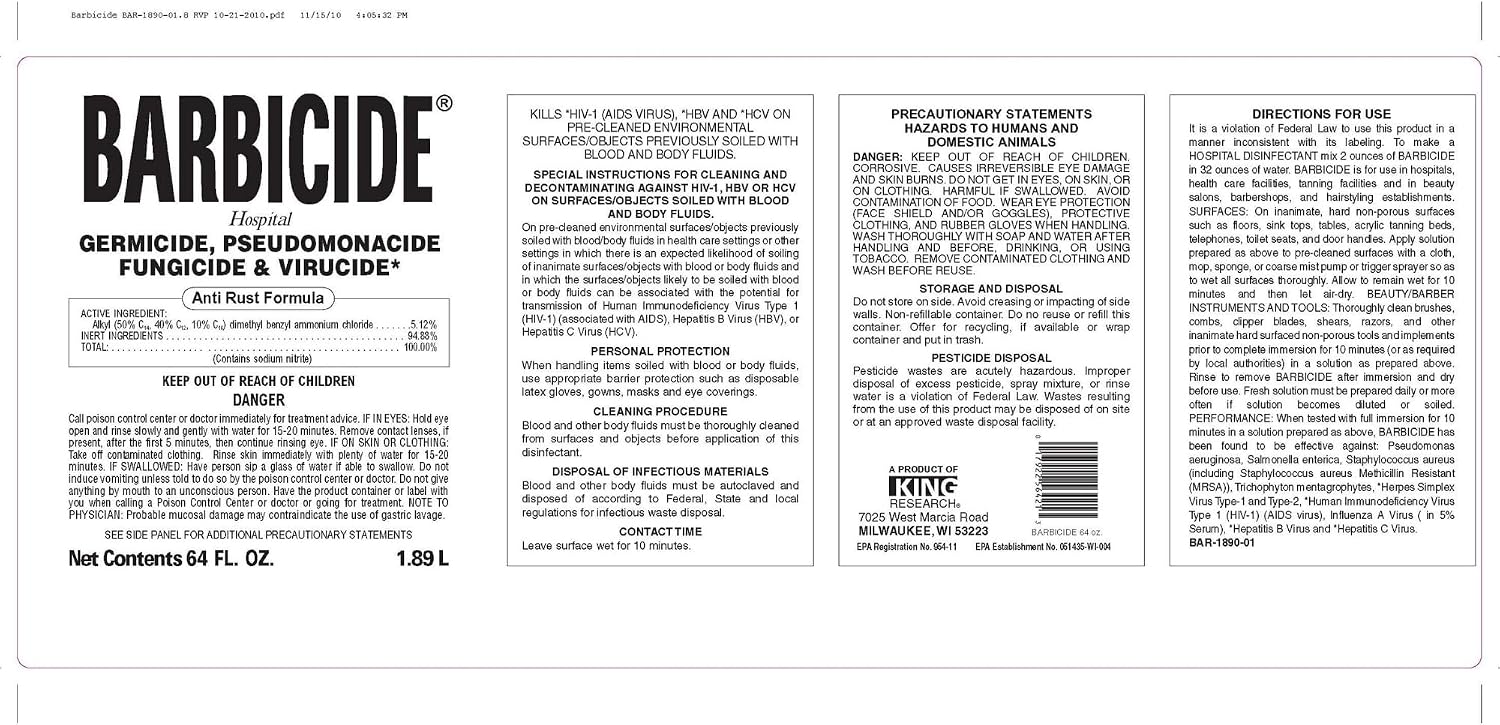The back of a Barbicide fungicide and herbicide bottle label, showing product name, ingredients, directions, precautions, and a barcode on a white background.