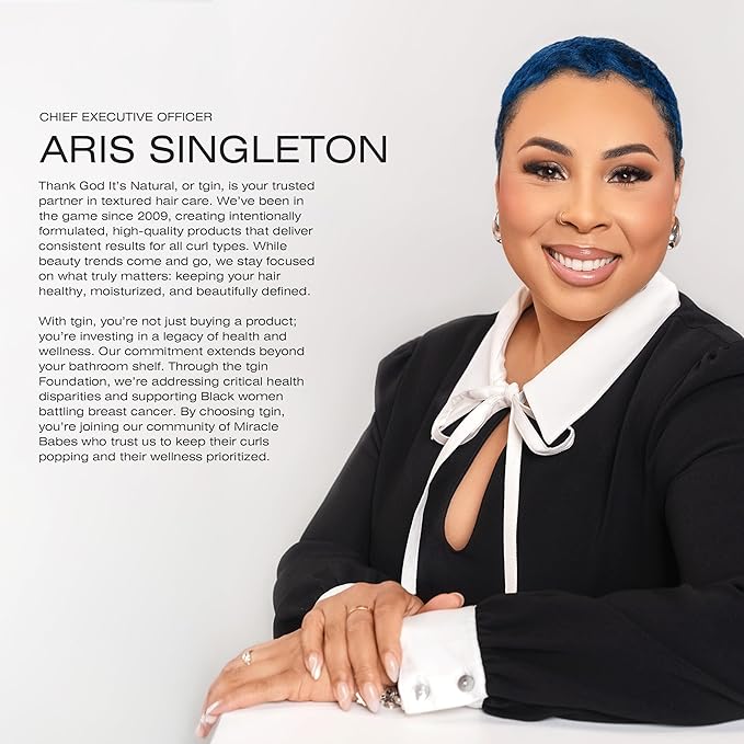 Aris Singleton, Chief Executive Officer, with text about God It's Natural hair care brand on a white background