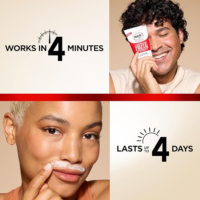 Product advertisement with text 'Works in 4 minutes' and 'Lasts up to 4 days', featuring a man and a woman using the product.