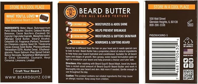 The back of a Beard Buttery Beard Butter tube packaging, showing product details, ingredients, directions, and barcode on a dark brown background with orange and white text.