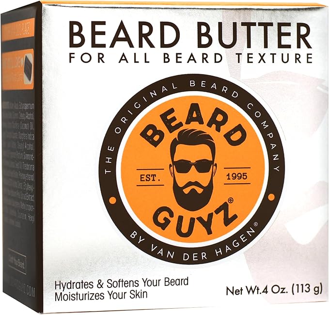 Beard Butter packaging box by Beard Guyz, featuring a white box with a large orange and black circular logo and product text.