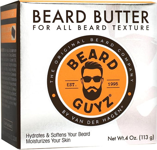 Beard Butter packaging box by Beard Guyz, featuring a white box with a large orange and black circular logo and product text.
