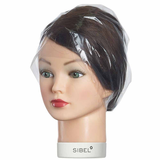 A picture of a mannequin wearing the plastic disposable cap