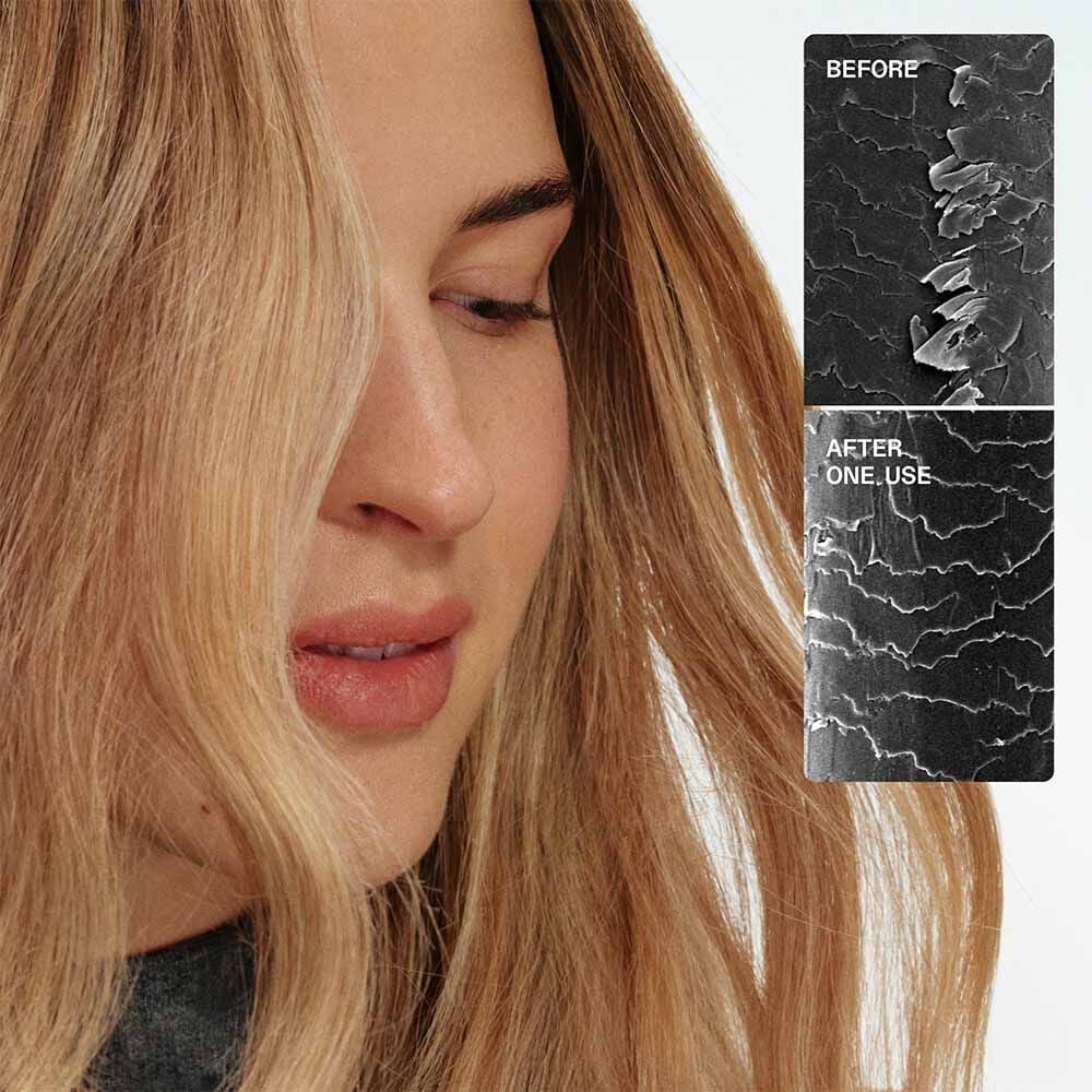 Woman with blonde hair next to a before-and-after comparison of a hair product application.