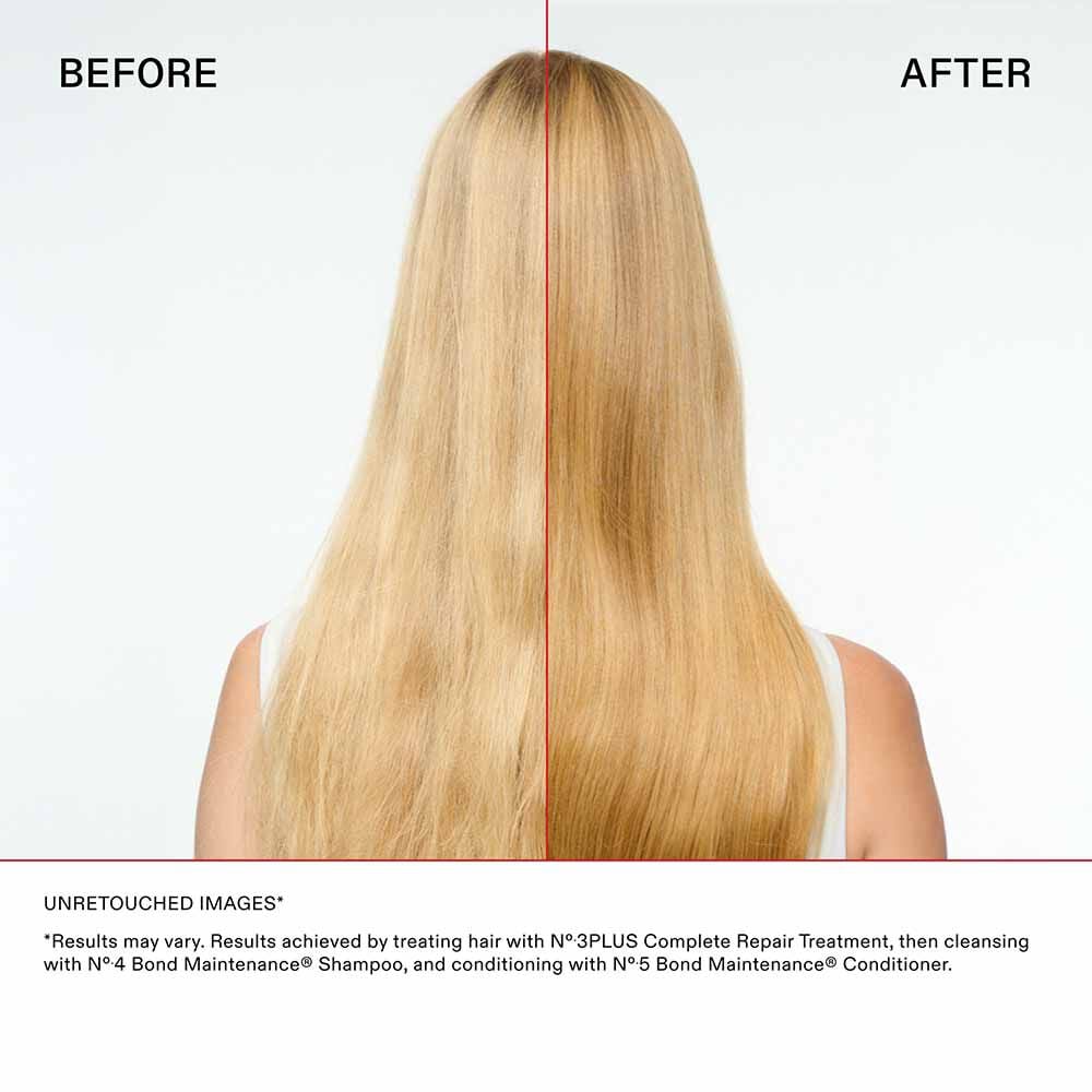 Before and after comparison of hair treatment showing a person with straight, blonde hair.