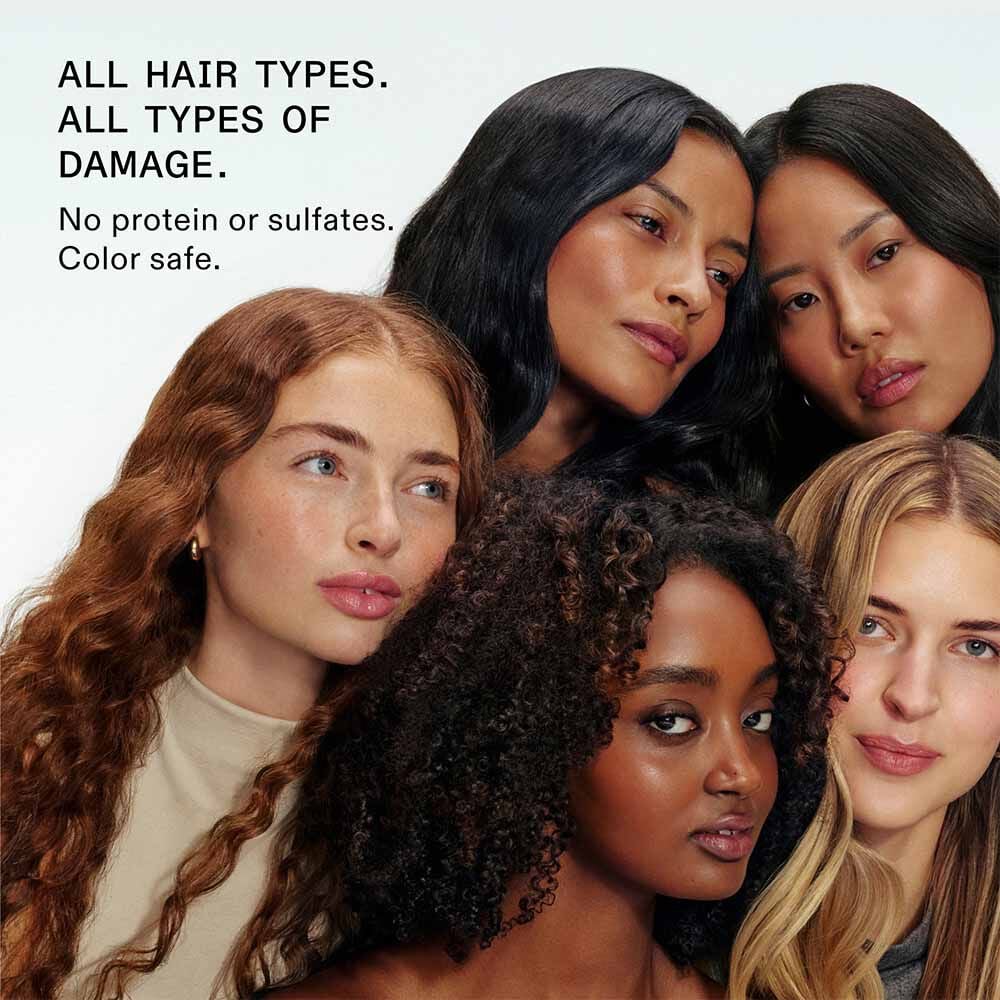 Five women with different hair types and colors posing together, with text about hair care products.