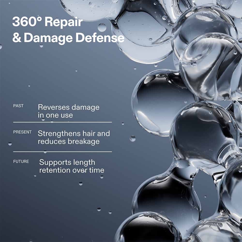 Advertisement for hair care product with bubbles and text about repair and damage defense.
