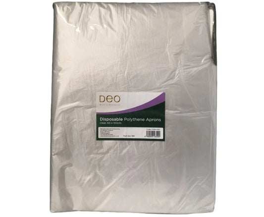 Pack of disposable polythene aprons with a visible brand label on a white background