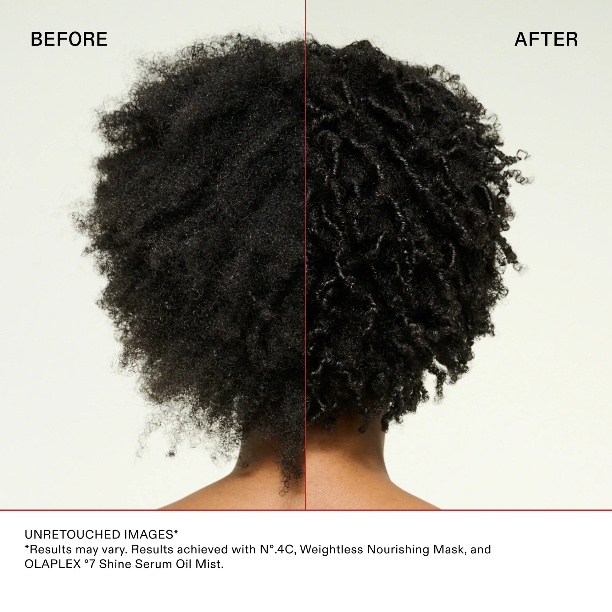 Before and after comparison of hair texture with a person's back shown.
