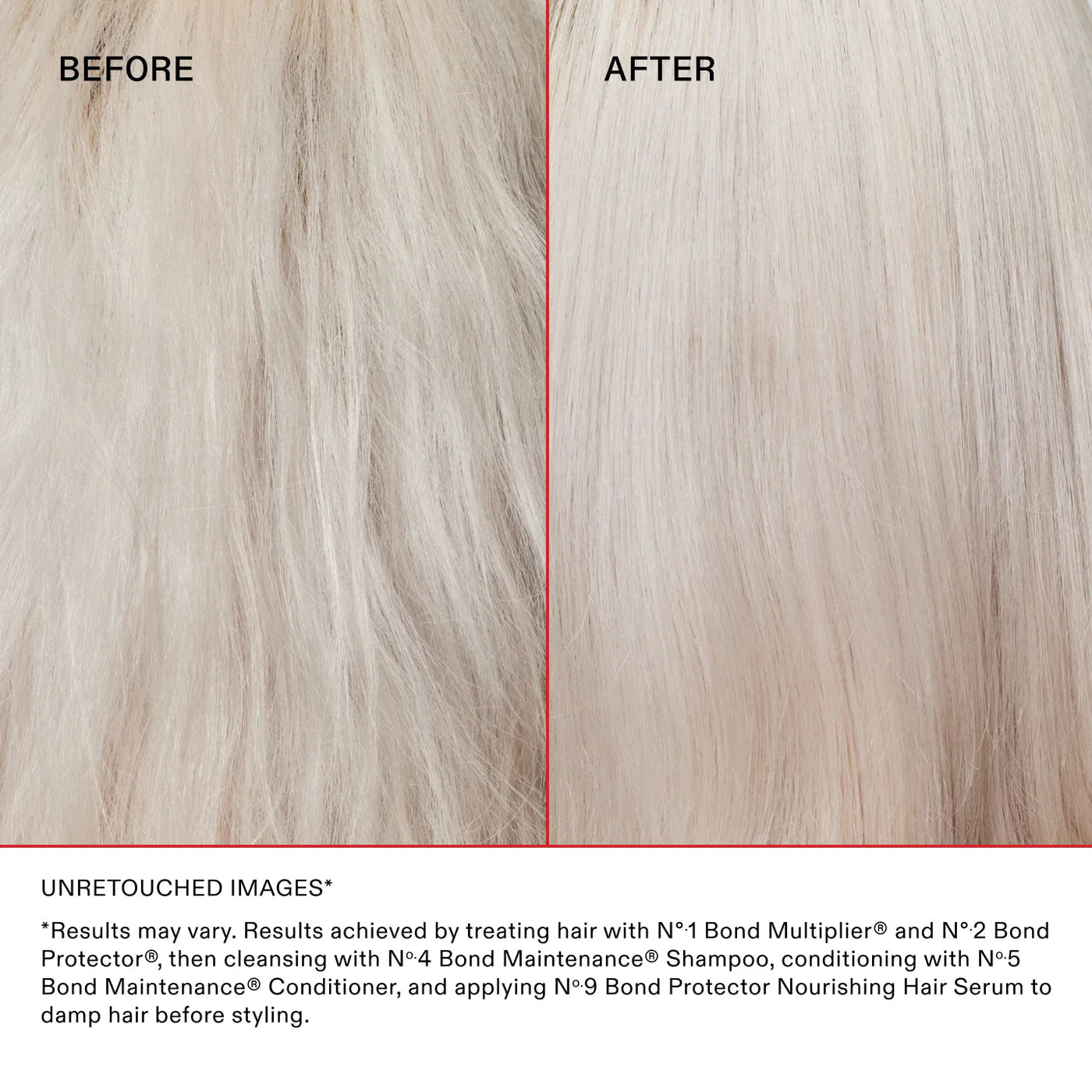 Before and after comparison of treated hair with a red line dividing the two images.