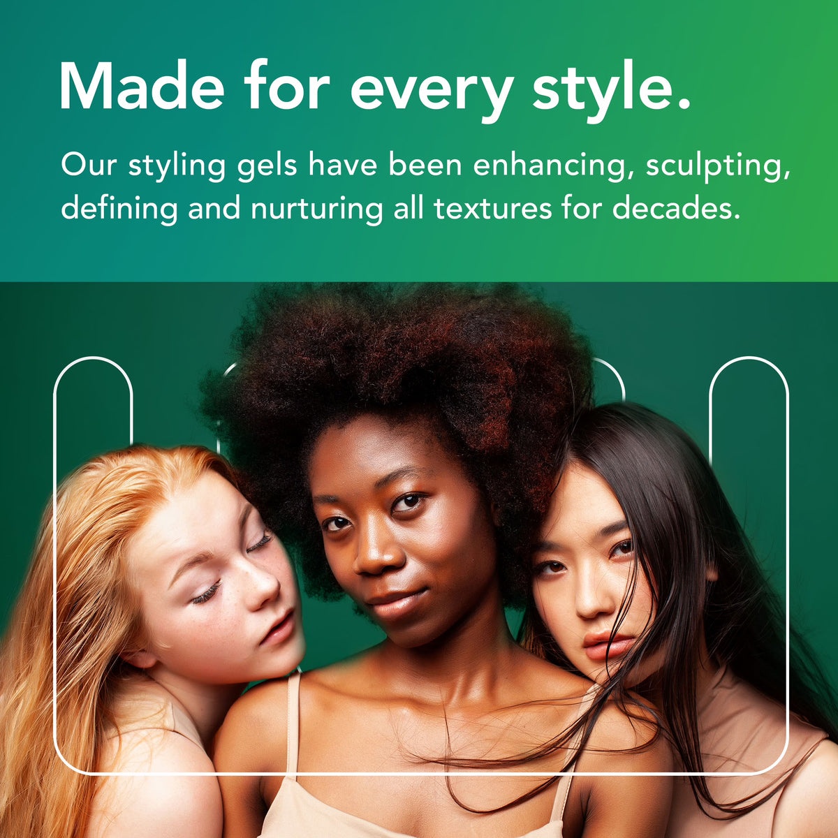 Three women with styled hair against a green background with text about styling gels.