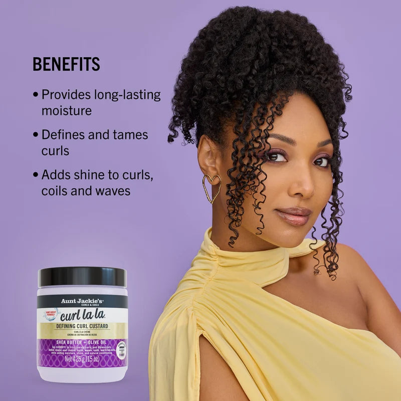 Woman with styled hair next to a jar of Aunt Jackie's Curl La La product on a purple background