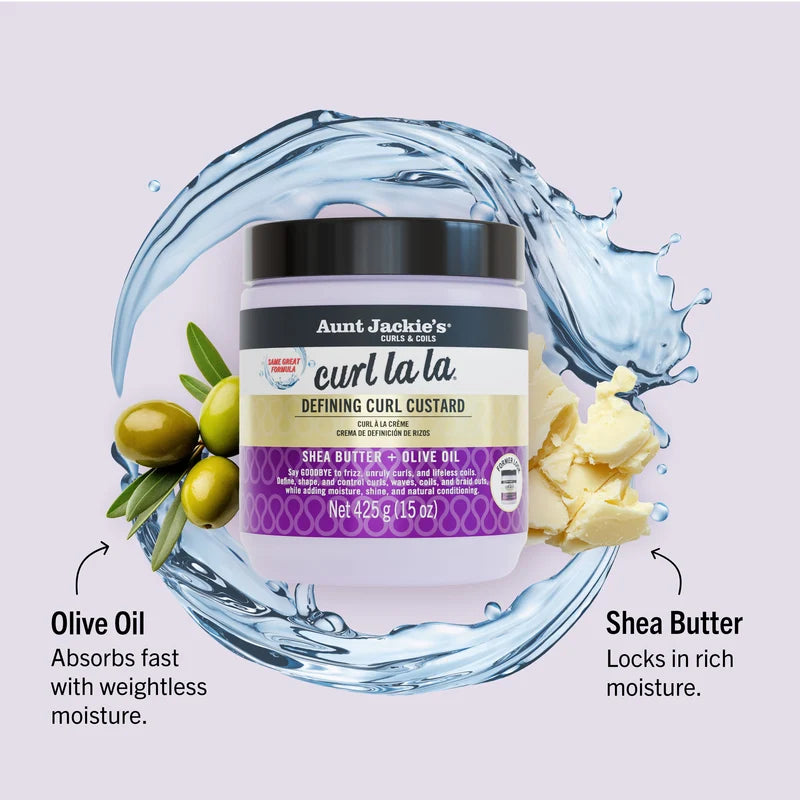 Aunt Jackie's Curl La La Defining Curl Custard jar with olive oil and shea butter graphics on a light purple background.